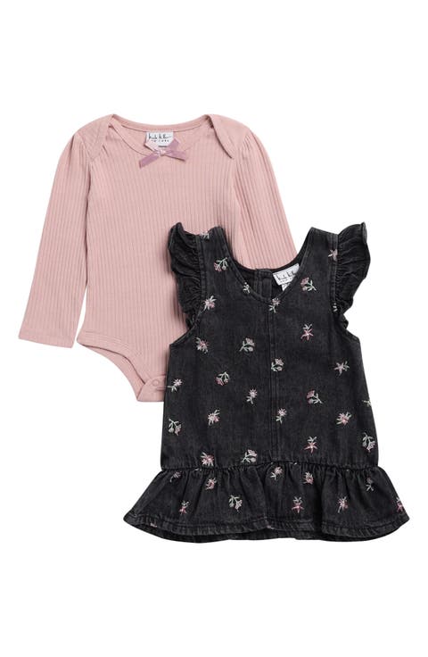 Kids' Floral Embroidered Denim Jumper Dress & Bodysuit Set