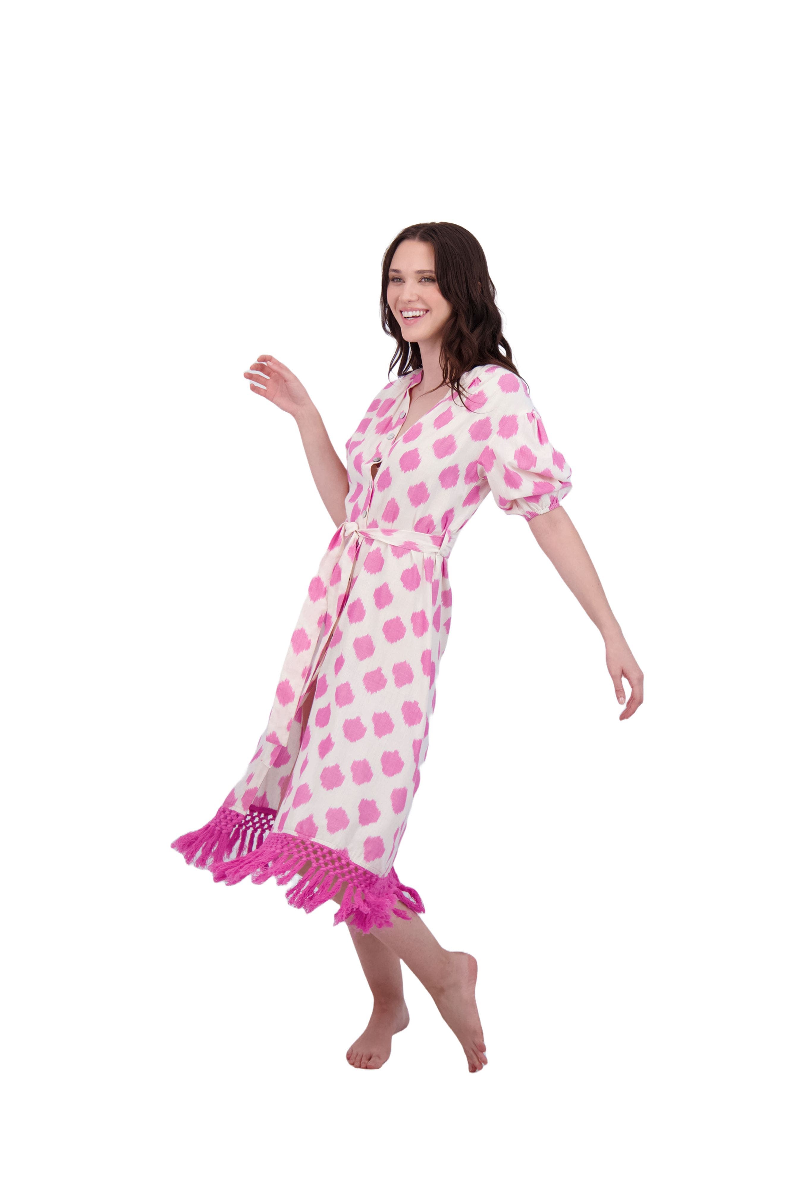 Estelle Women's Fringed Shirtdress White Pink Ikat