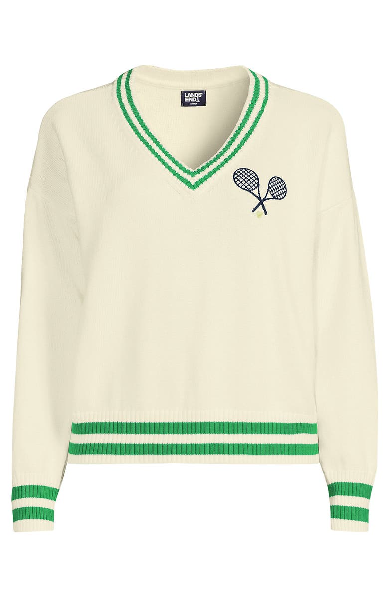 Lands' End Cotton Drifter Shaker V-neck Sweater, Alternate, color, Fresh Ivory/Clover Tip