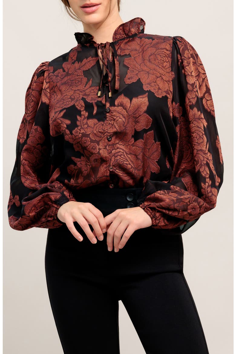 Floral Jacquard Tie Neck Top, Alternate, color, BLACK