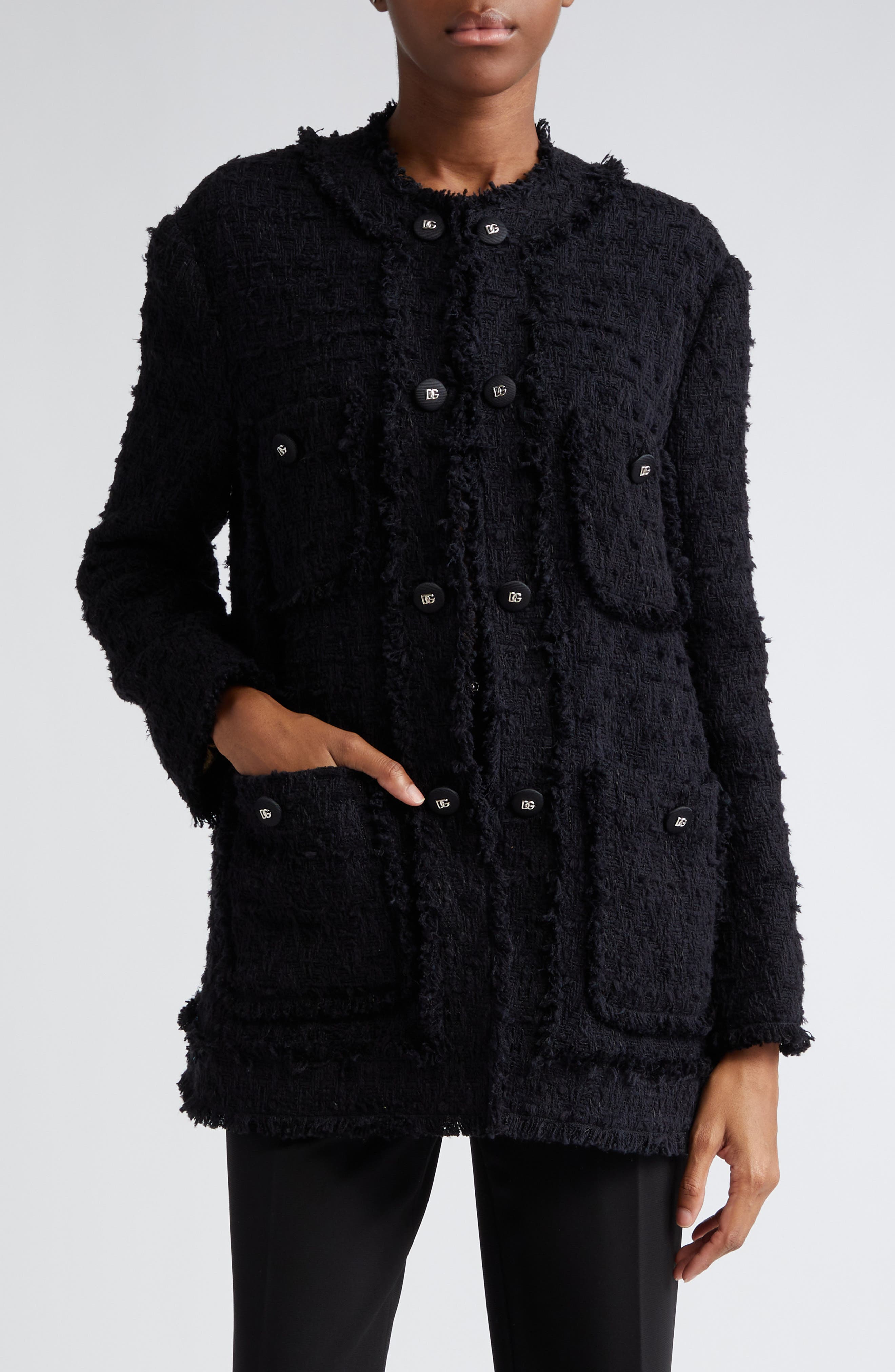 Logo Button Collarless Tweed Jacket