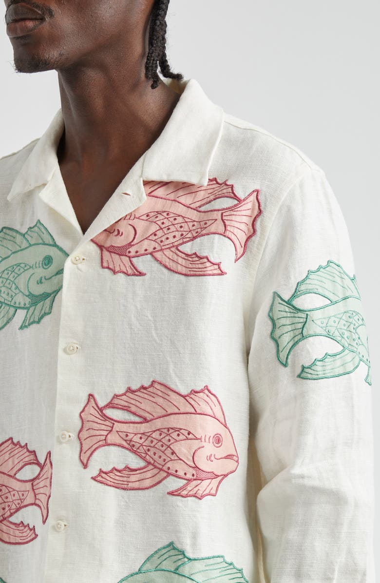 Bode Piscine Long Sleeve Linen Camp Shirt, Alternate, color, 