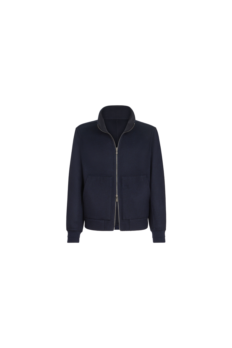 Hand-crafted reversible bomber jacket in cashmere Prince of Wales flannel double cloth, Alternate, color, Blue