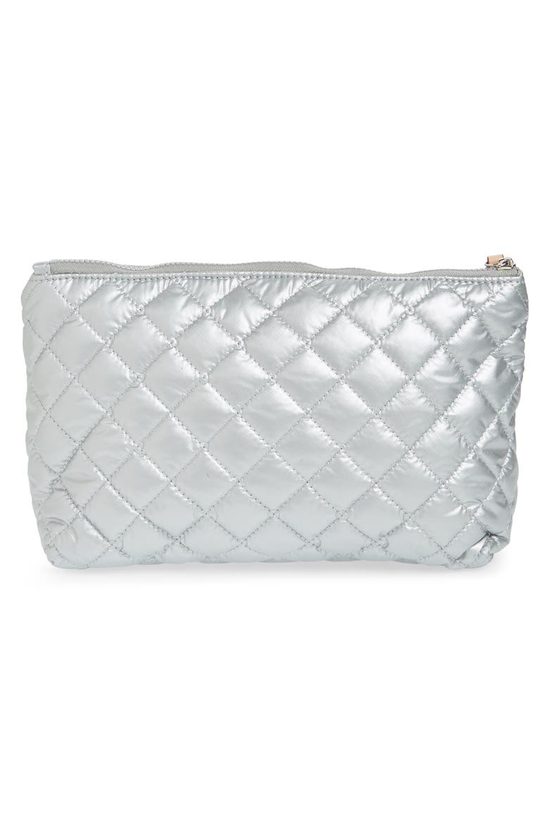 Zoey Quilted Nylon Cosmetics Case, Alternate, color, TIN METALLIC