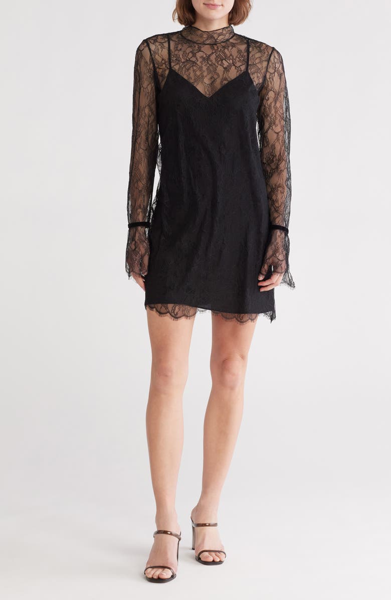 FRAME Semisheer Long Sleeve Lace Shift Dress, Main, color,