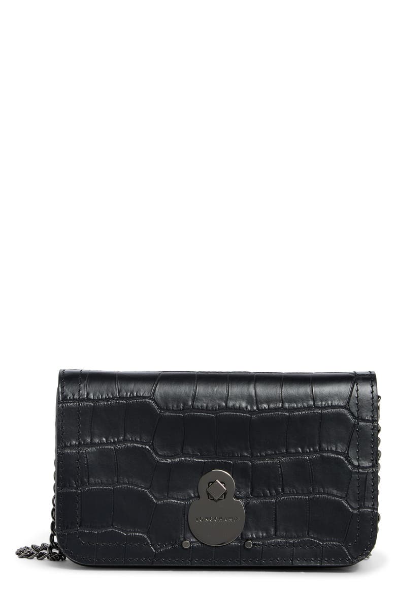 Cavalcade Croc Embossed Leather Wallet on a Chain, Main, color, BLACK