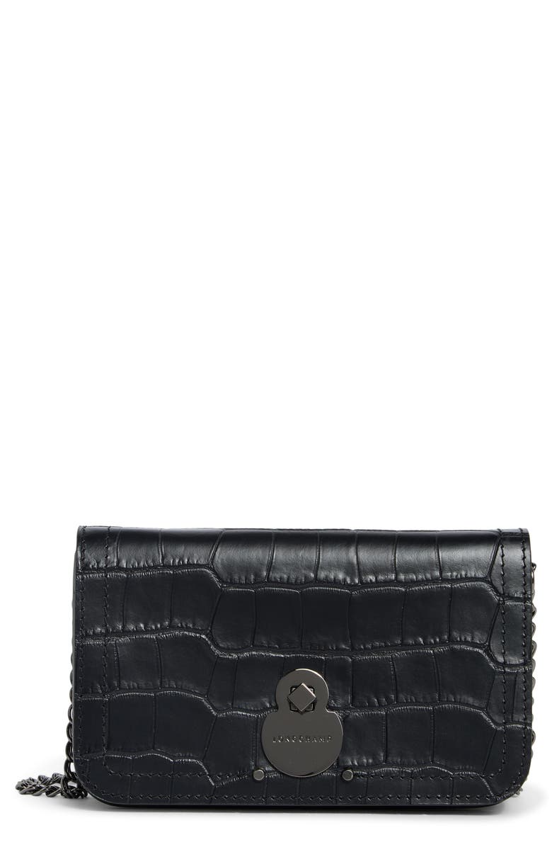 Longchamp Cavalcade Croc Embossed Leather Wallet on a Chain, Main, color, Black
