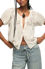 Lucky Brand Crochet Stitch Puff Sleeve Top