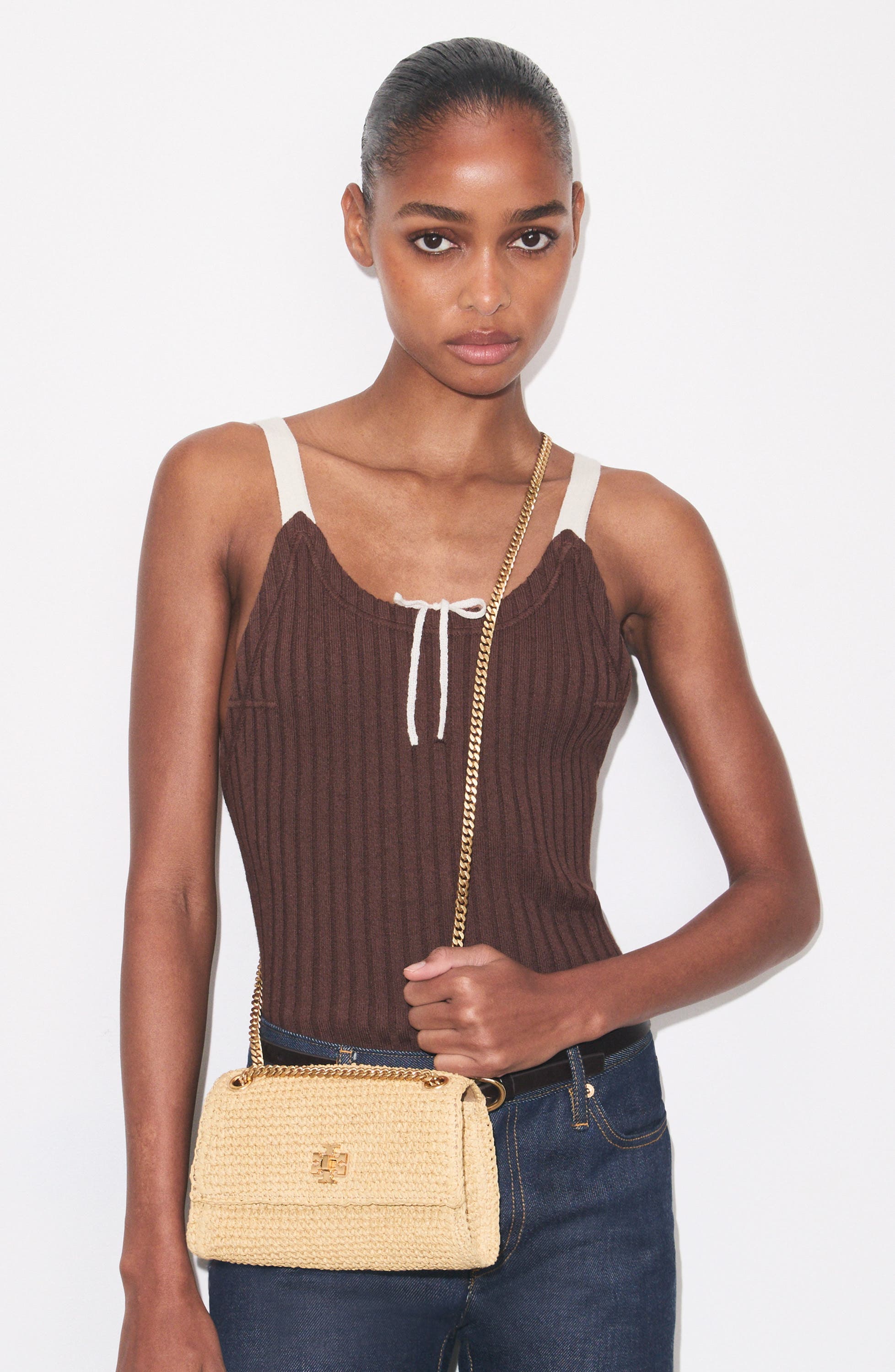 Tory Burch Mini Kira Turnlock Straw Convertible Shoulder Bag, Alternate, color, Natural