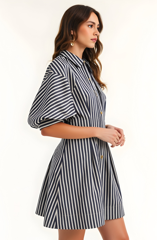 Modenaire Striped Puff Sleeve Tailored Shirt Dress In Black