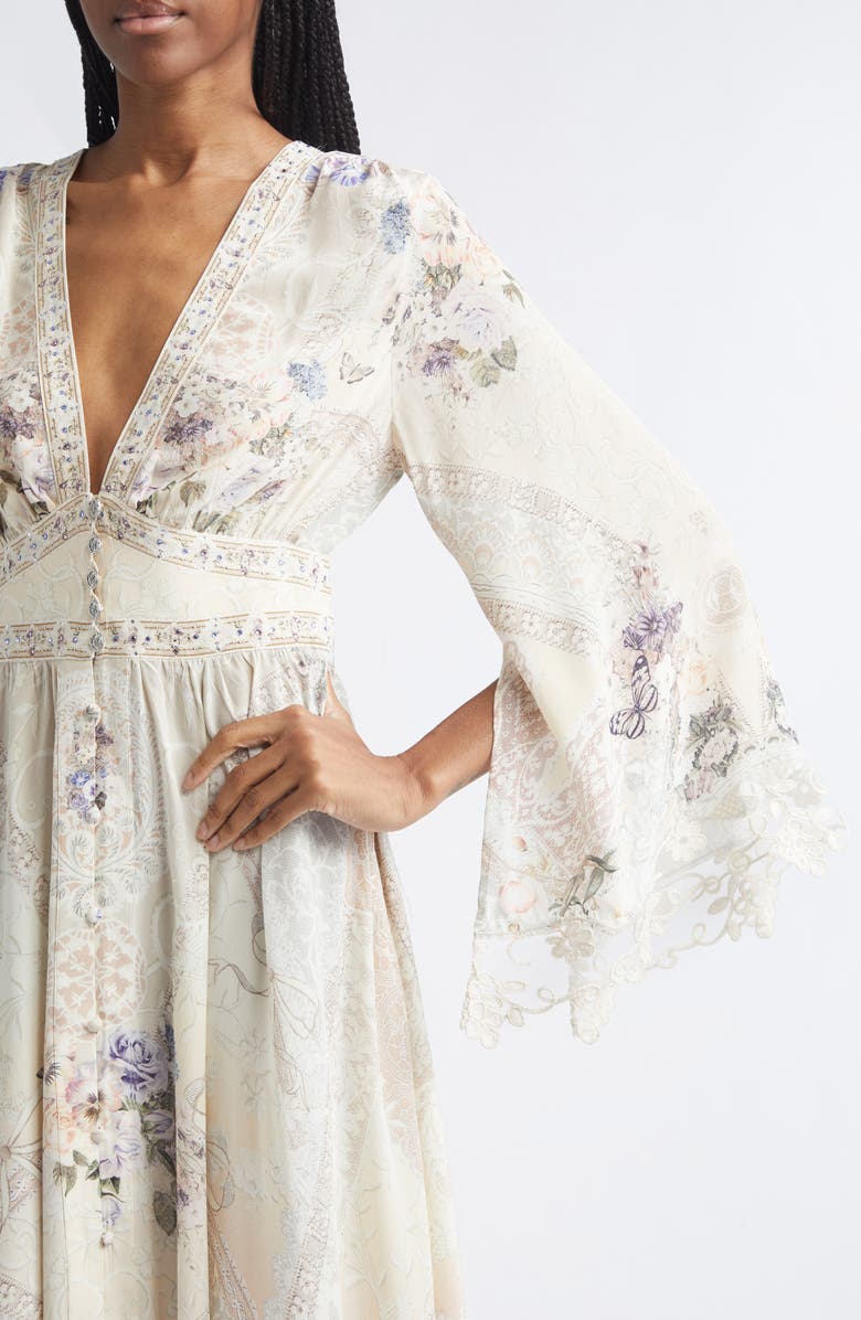 Camilla Floral Print Lace Trim Long Sleeve Silk Maxi Dress, Alternate, color, Laced With Love