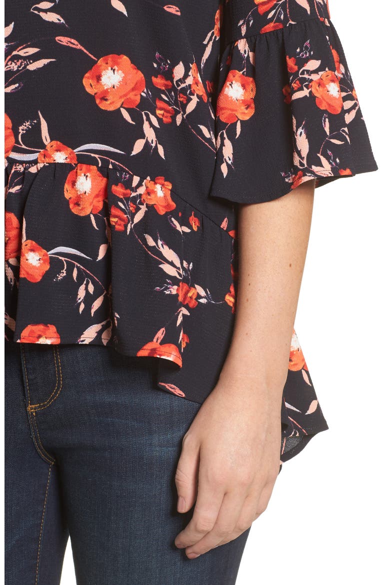 Gibson Ruffled Handkerchief Hem Top, Alternate, color, NAVY/ FLORAL PRINT