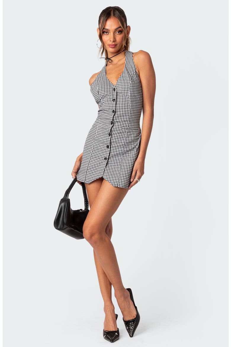 Narissa Gingham Halter Minidress, Alternate, color, BLACK-AND-WHITE