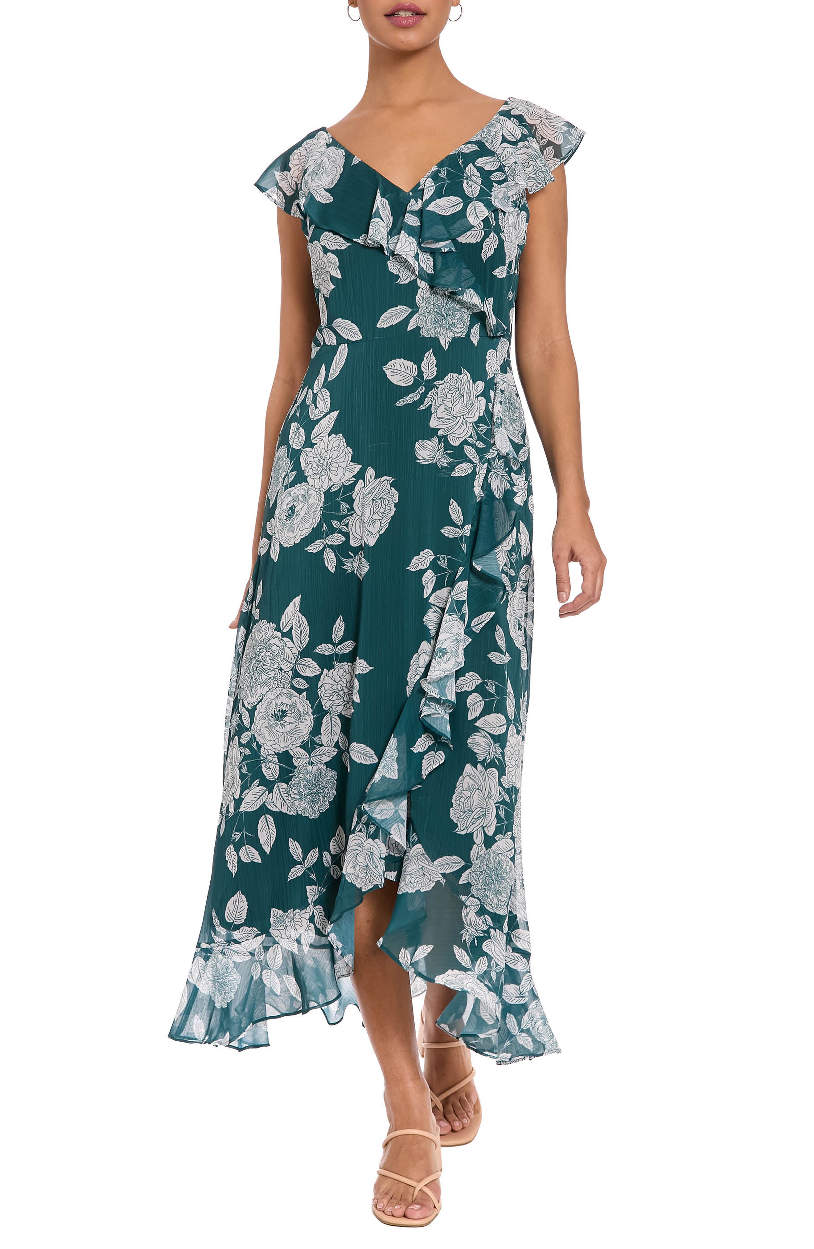 London Times Ruffle Trim High/Low Maxi Dress