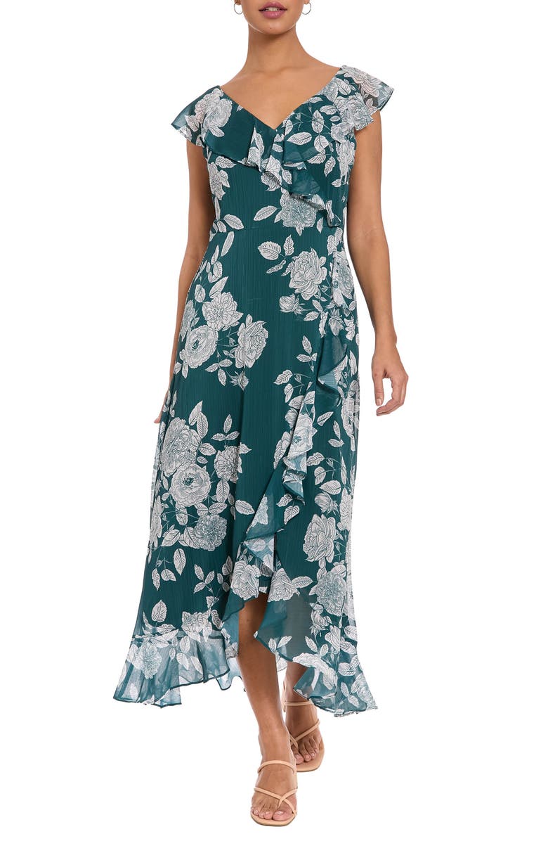 London Times Ruffle Trim High/Low Maxi Dress, Main, color, Atlantic Deep/ White Alyssum