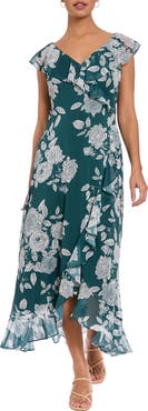 London Times Ruffle Trim High/Low Maxi Dress