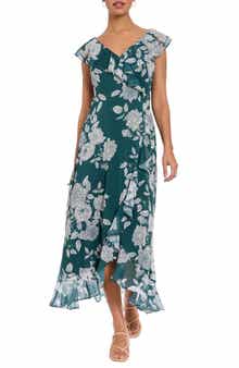 London Times Ruffle Trim High/Low Maxi Dress