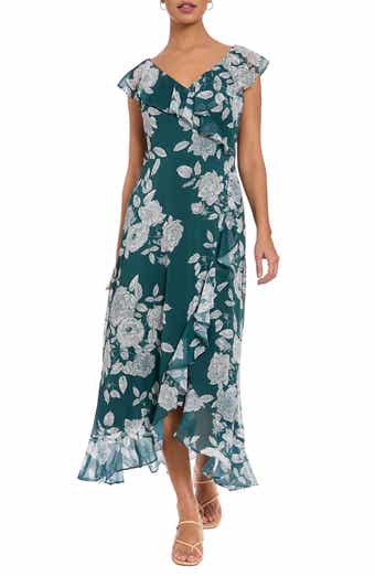 London Times Ruffle Trim High/Low Maxi Dress