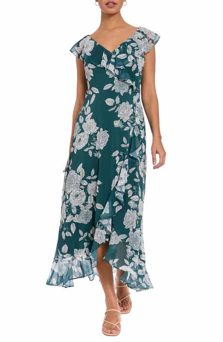 London Times Ruffle Trim High/Low Maxi Dress
