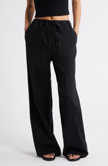 Open Edit Wide Leg Linen Blend Pants In Black