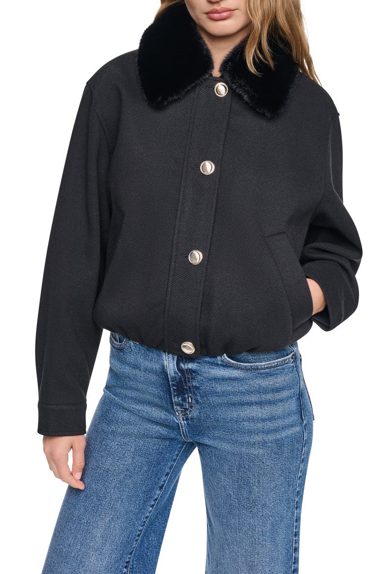 Removable Faux-Fur Collar Crop Coat, Main, color, BLACK