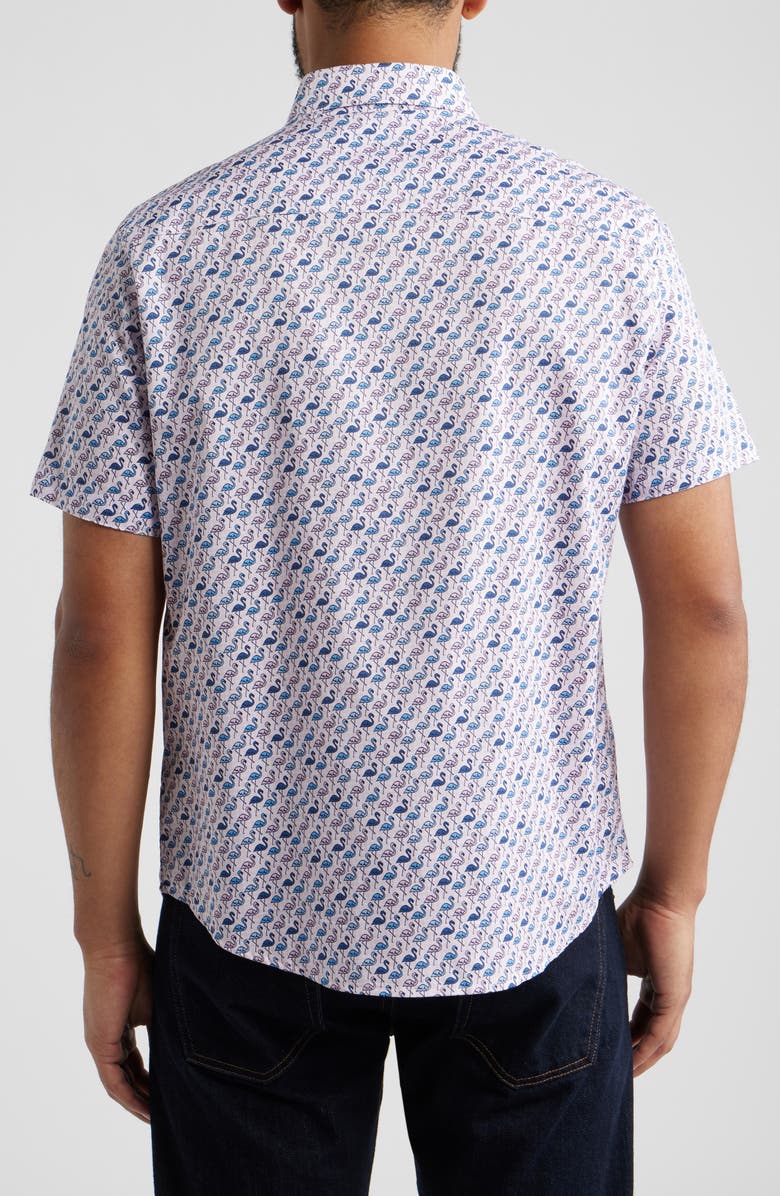 Johnston & Murphy Logan Flamingo Print Short Sleeve Cotton Blend Button-Up Shirt, Alternate, color, Pink / Blue Flamingos