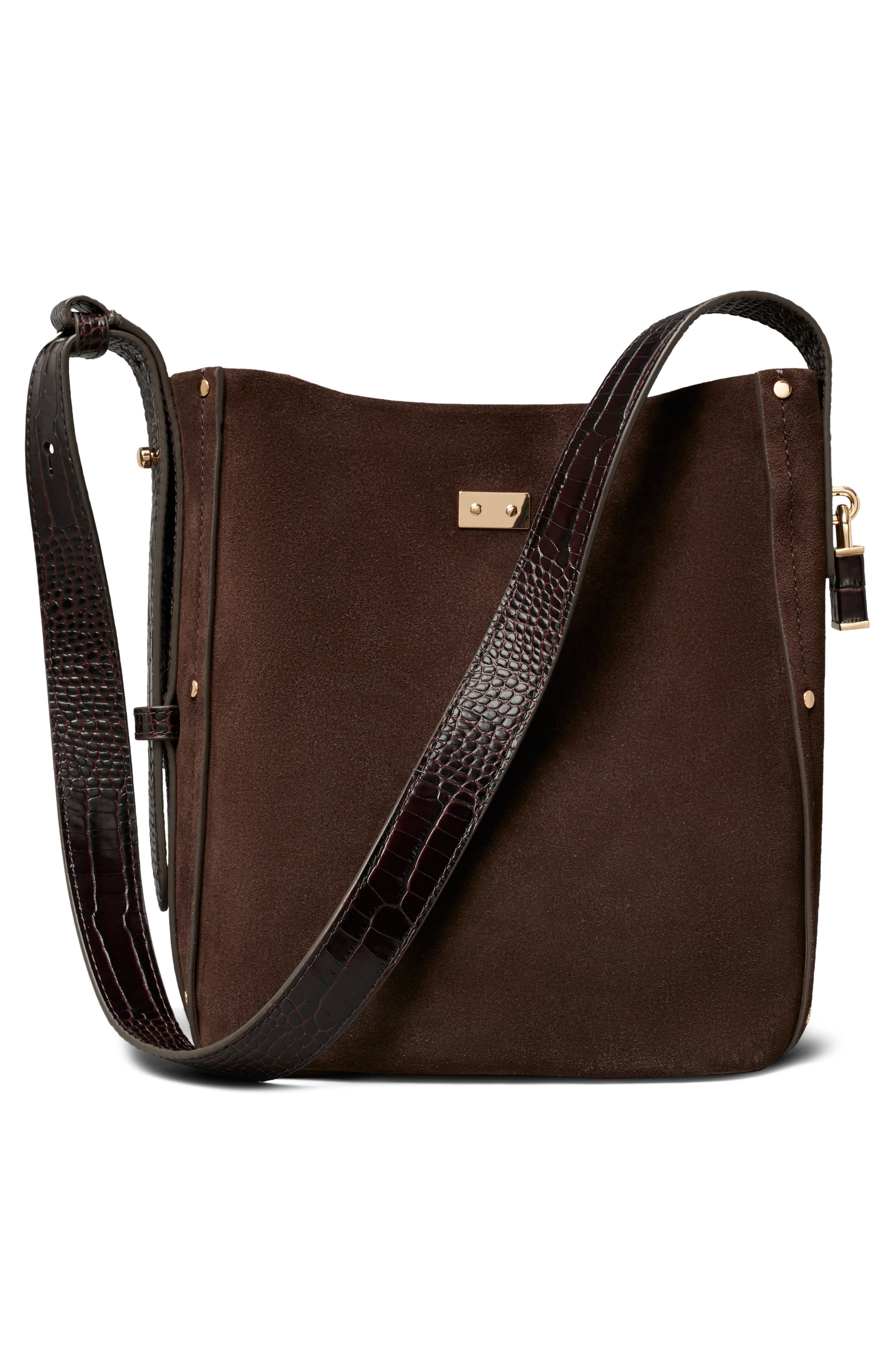 Lock Suede Slim Medium Bucket Bag, Alternate, color, DARK COCO