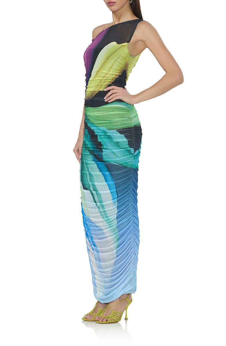 AFRM Biona One-Shoulder Ruched Mesh Maxi Dress, Alternate, color, Black Lotus