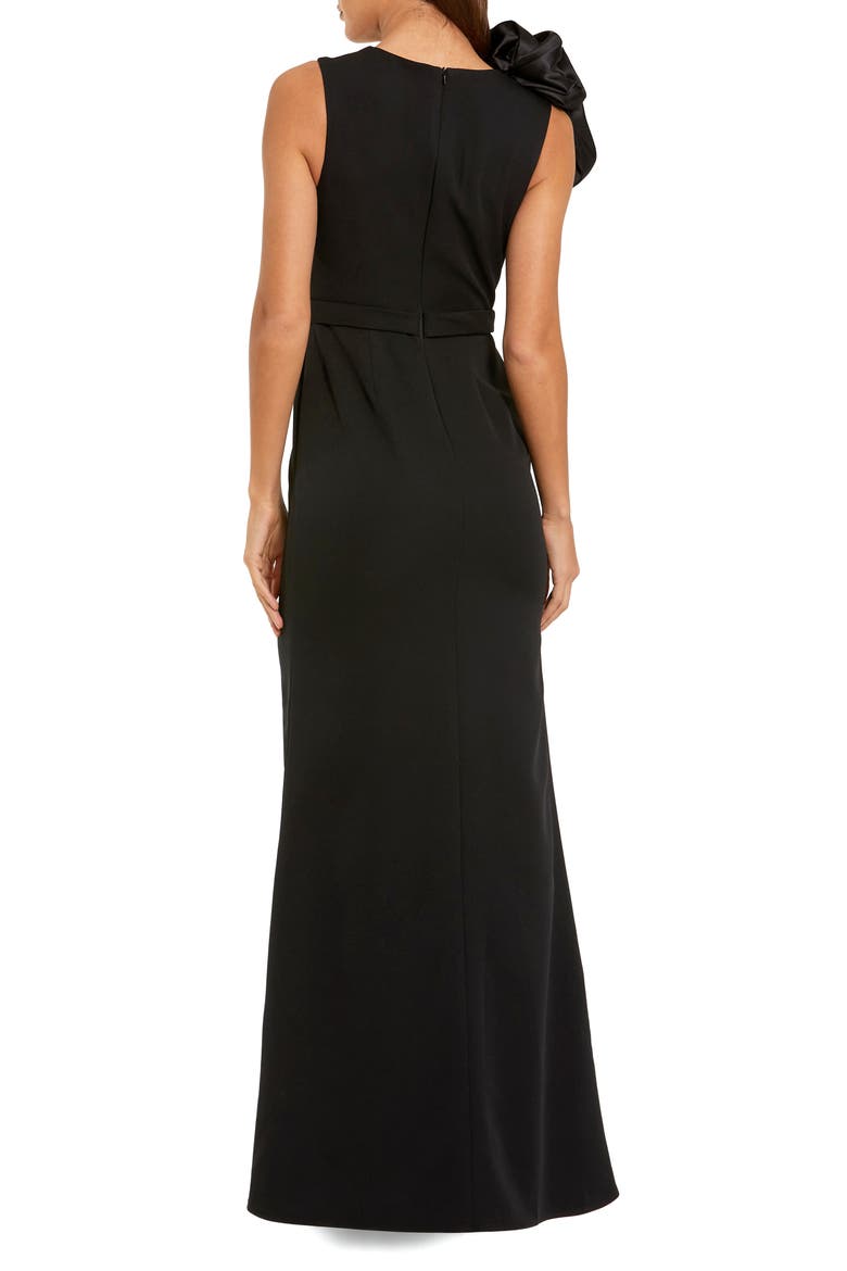 High Neck Sleeveless Crepe Gown With Satin Ruffle, Alternate, color, Black