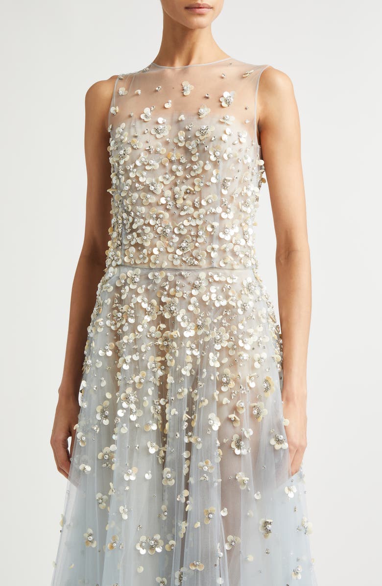 Oscar de la Renta Mother Of Pearl Embroidered Sleeveless Tulle Gown, Alternate, color, Sky