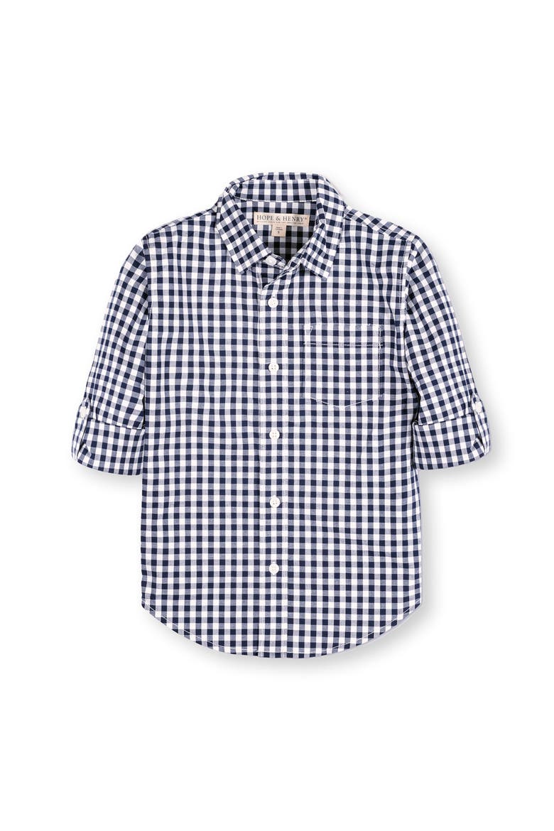 Kids' Organic Long Sleeve Stretch Poplin Roll-Up Button Down Shirt, Main, color, Navy Gingham