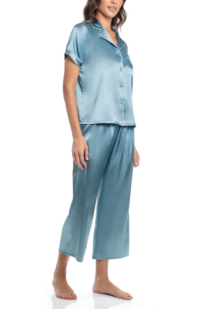 Loretta Short Sleeve Satin Pajamas, Alternate, color, CARRIBEAN