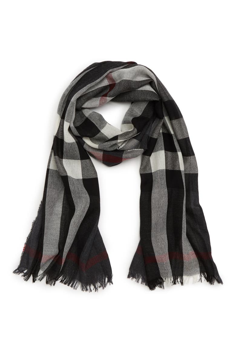 Tonal Lightweight Check Cashmere Wool Scarf, Alternate, color, CHARCOAL