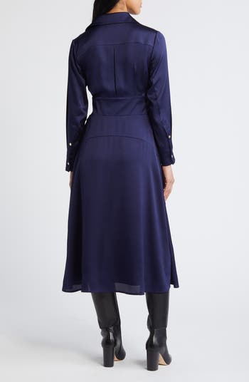 Long Sleeve Hammered Satin Wrap Front Shirtdress