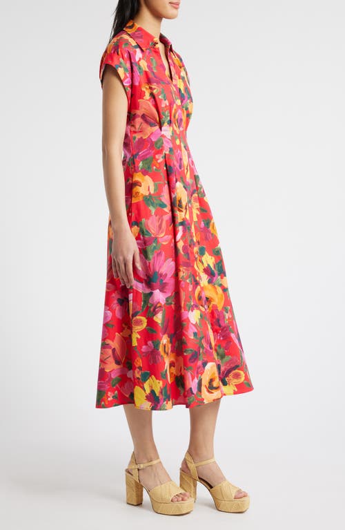 Julia Jordan Floral Stretch Cotton Midi Shirtdress In Red Multi