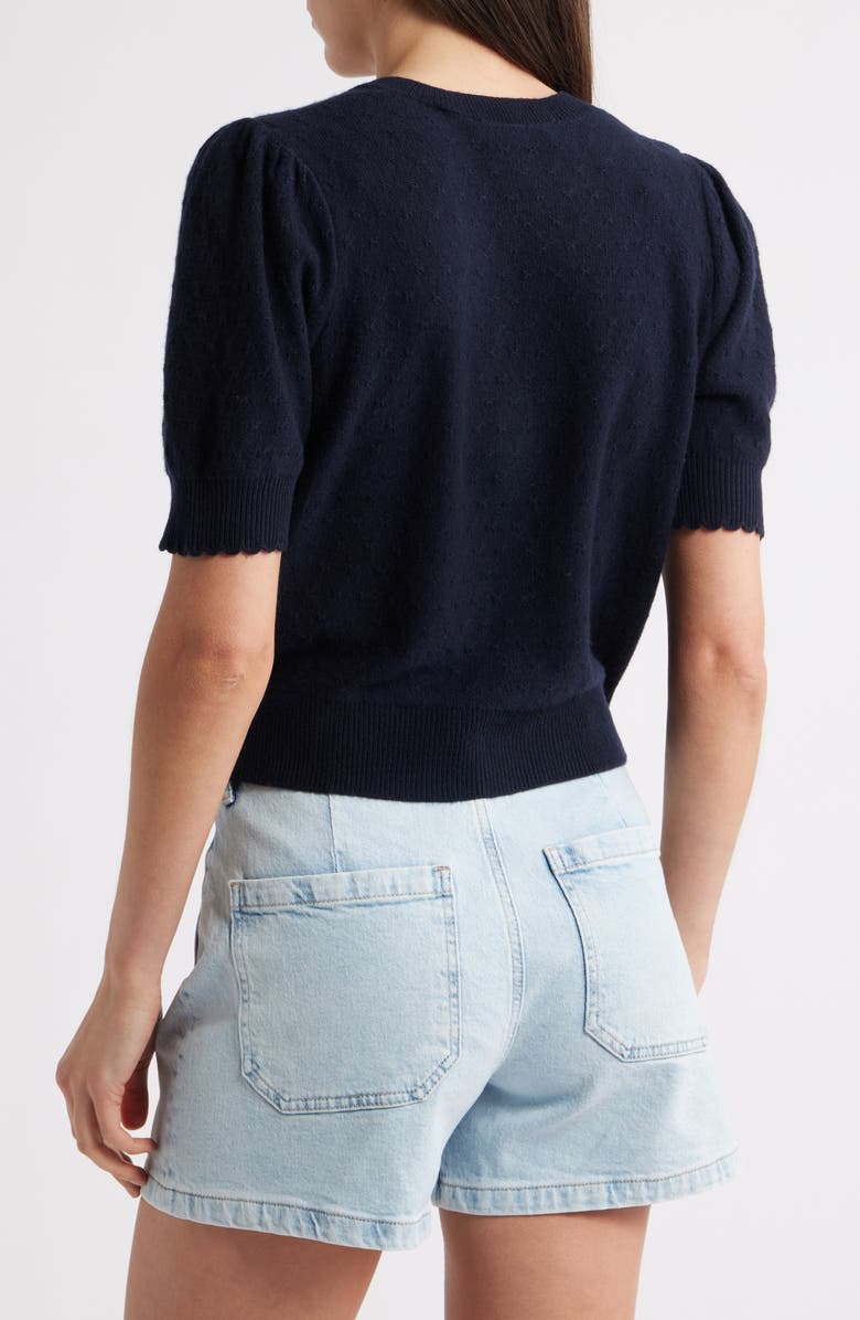 FRAME The Cashmere Pointelle Puff Sleeve Cardigan, Alternate, color, Navy
