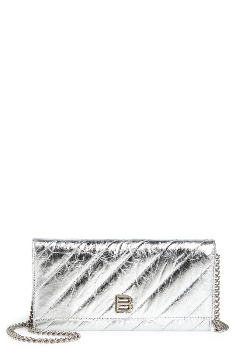 Balenciaga Crush Metalic Leather Wallet on a Chain, Main, color, 