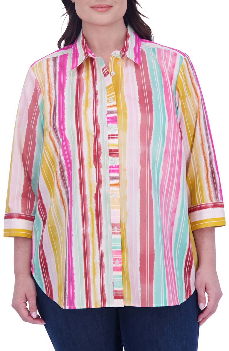 Foxcroft Watercolor Stripe Button-Up Shirt, Main, color, Pink Multi Stripe