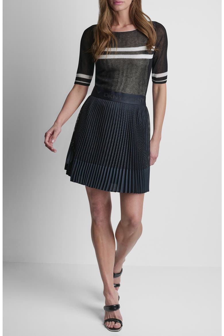 Logo Band Mixed Media Pleated Miniskirt, Alternate, color, NAVY