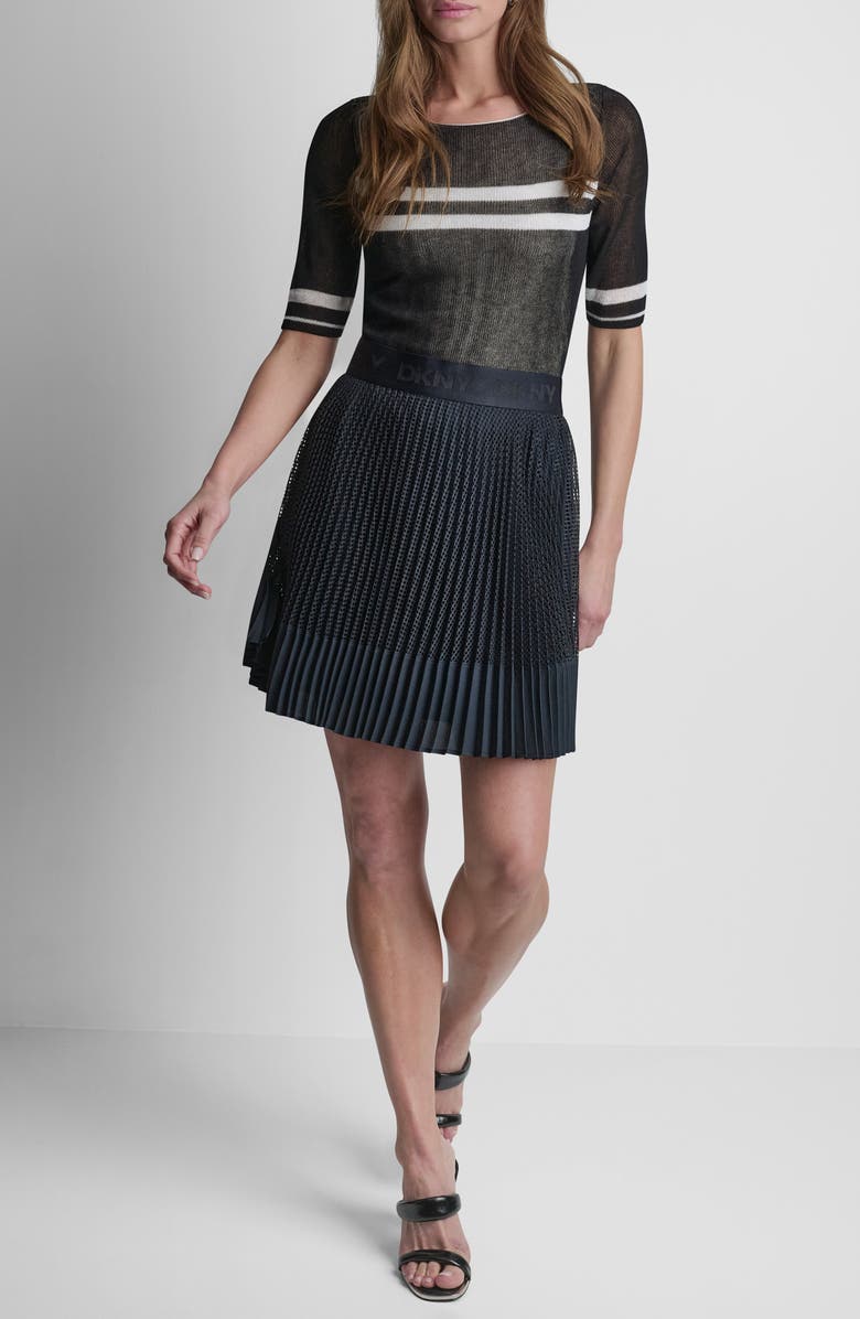 DKNY Logo Band Mixed Media Pleated Miniskirt, Alternate, color, Navy