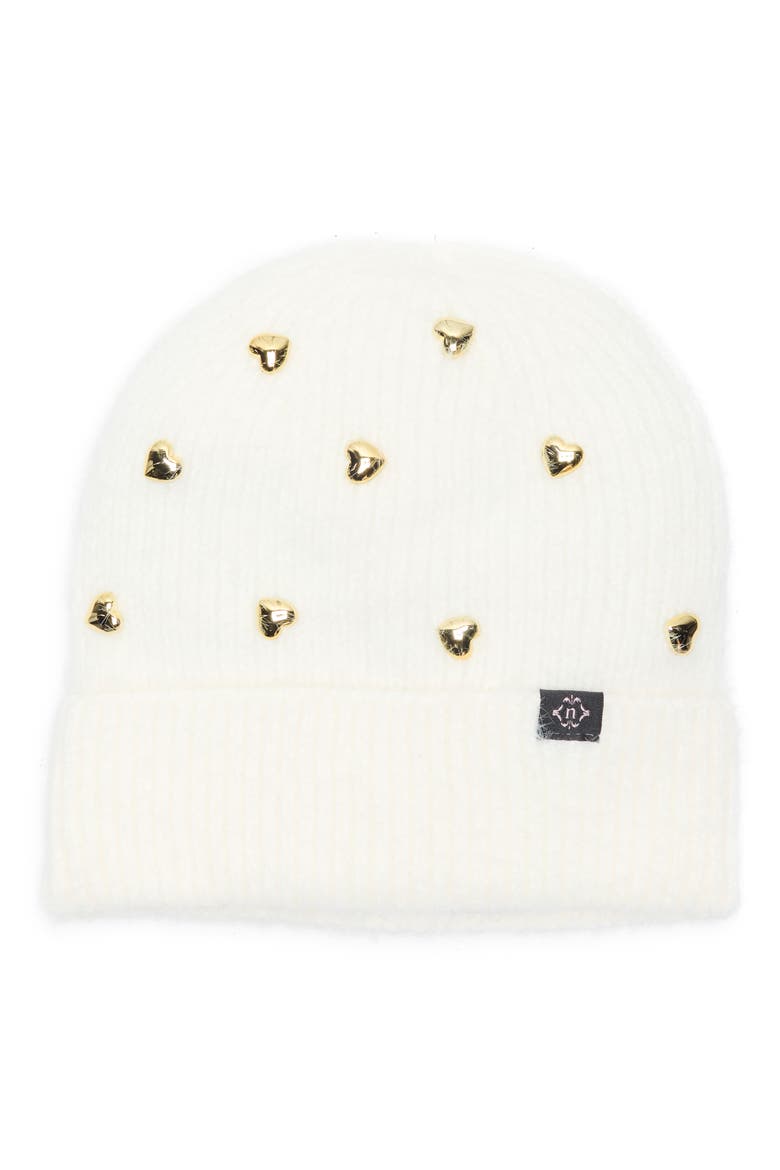 Heart Studs Knit Cuffed Beanie, Main, color, WHITE