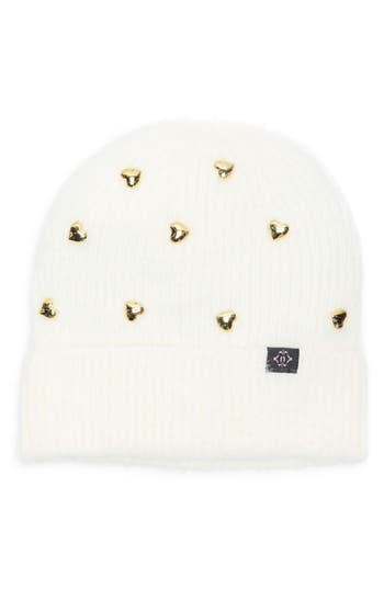 Nanette Lepore Heart Studs Knit Cuffed Beanie In White