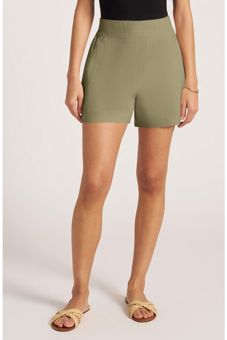 Ventura High Waist Linen Blend Shorts, Main, color, OLIVE