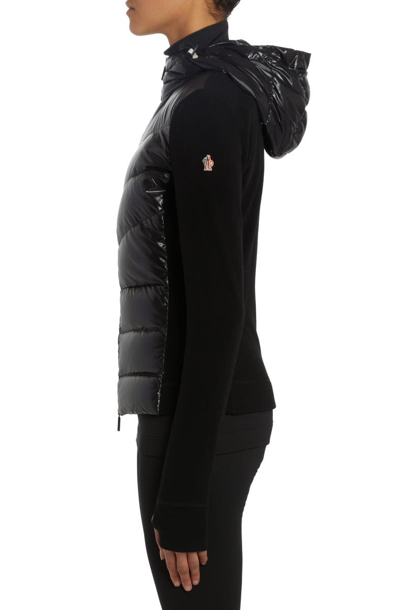 Moncler Grenoble Quilted Nylon & Stretch Fleece Hooded Cardigan, Alternate, color, Black