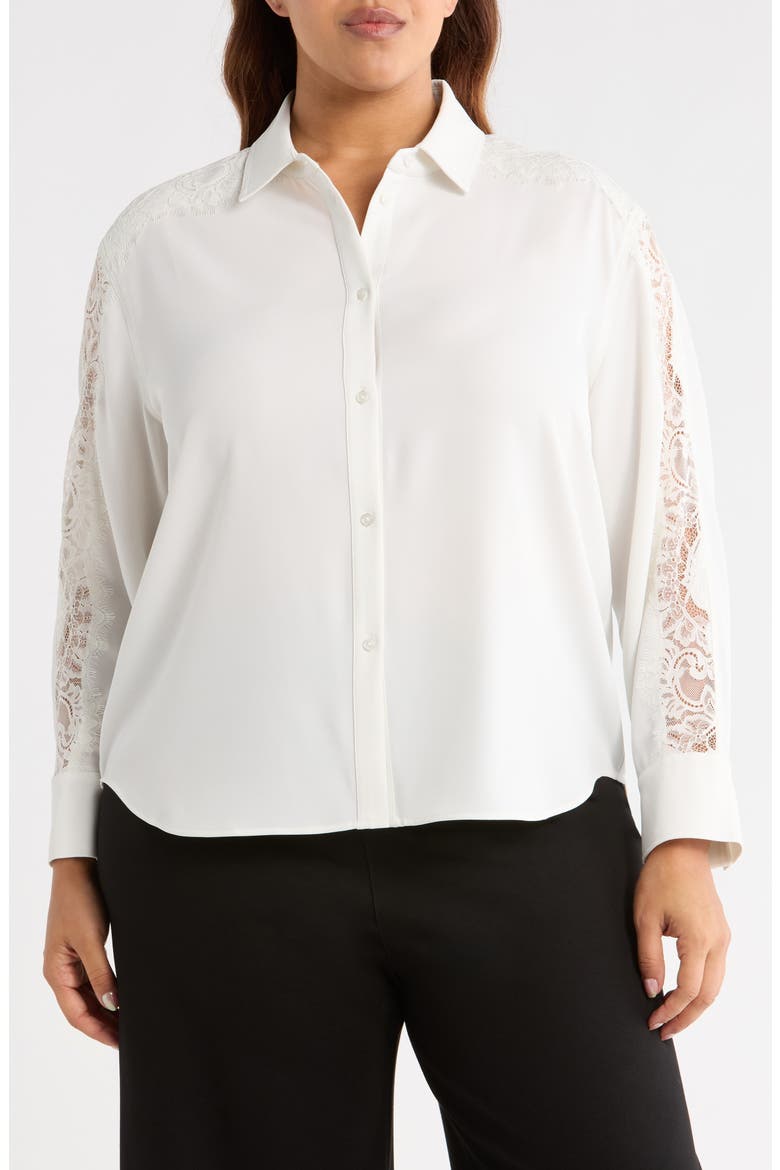 Natasha Lace Trim Button-Up Shirt, Main, color, ICE