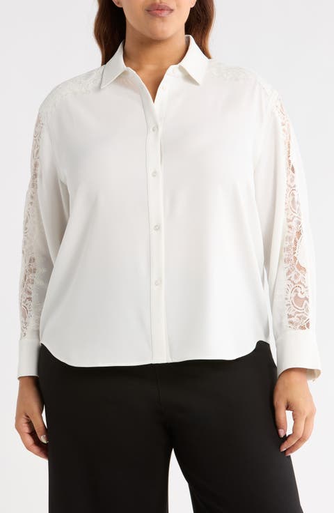Natasha Lace Trim Button-Up Shirt (Plus)