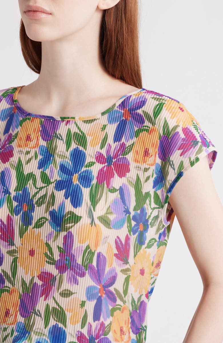 Tahari ASL Floral Plissé Cap Sleeve Top, Alternate, color, Sand Jungle