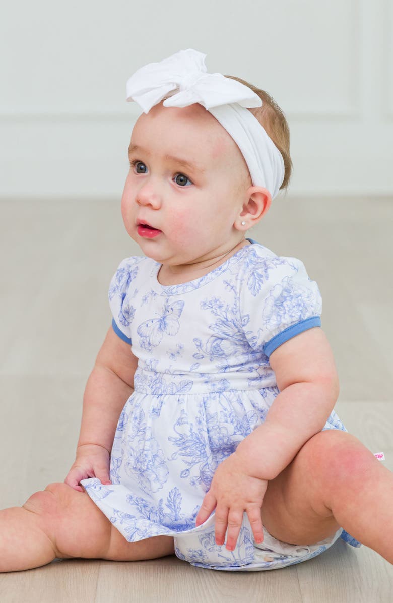 RuffleButts Butterfly Garden Toile Twirl Romper & Head Wrap Set, Alternate, color, 