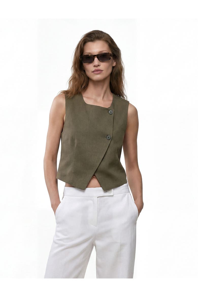 Crew Neck Asymmetric Linen Vest, Alternate, color, BROWN
