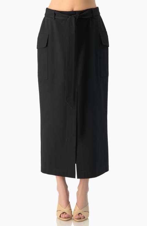 High-Rise Belted Straight Midi Skirt with Side Slit